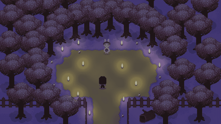Nighttime forest scene with candles and a character in a cozy game setting.
