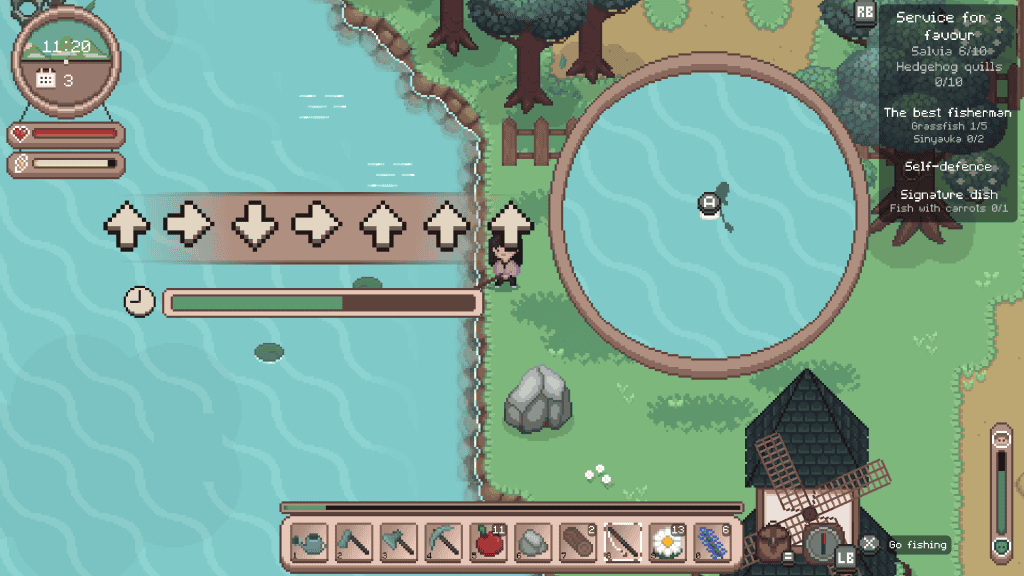 Fishing in a cozy pixel art game with a character by a pond.