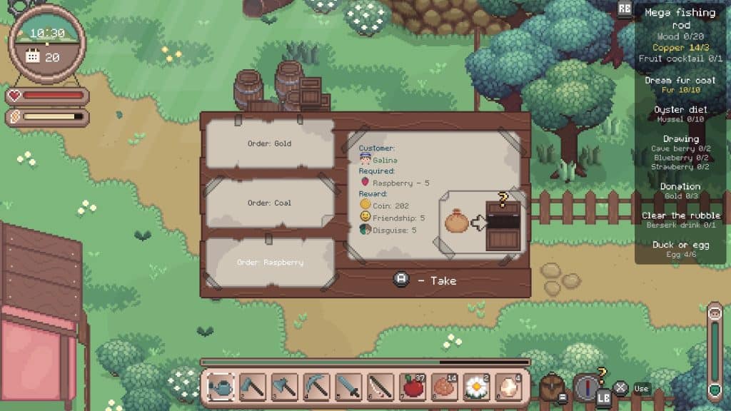 Cozy game scene with farming and crafting elements, featuring trees, a fence, and a character intera.