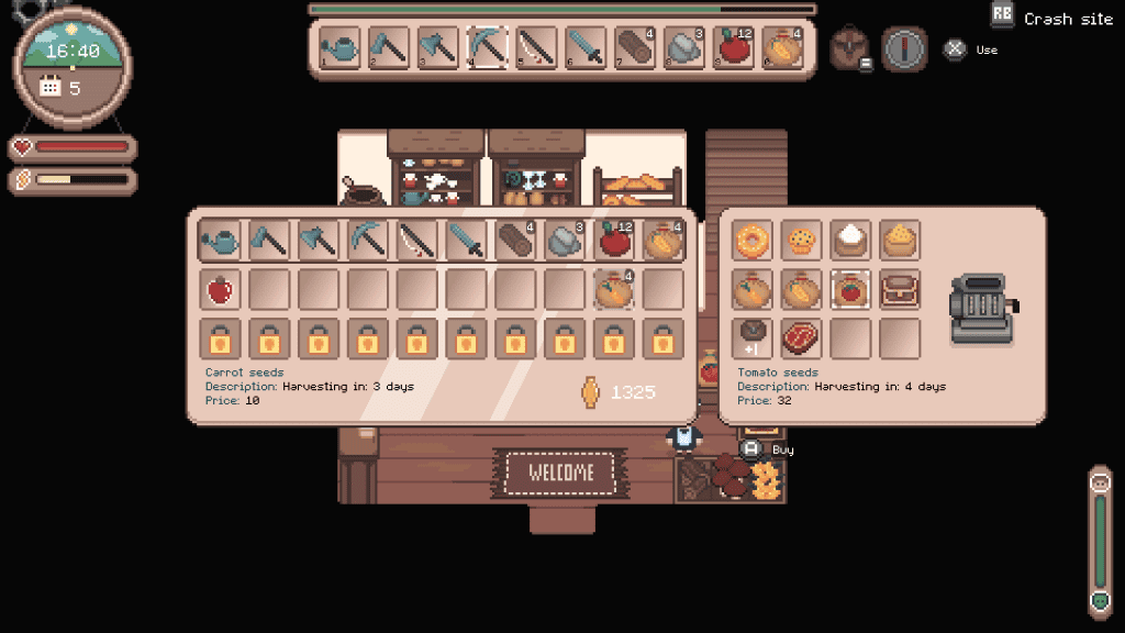 In-game inventory screen showing crops and tools in a cozy farm game.