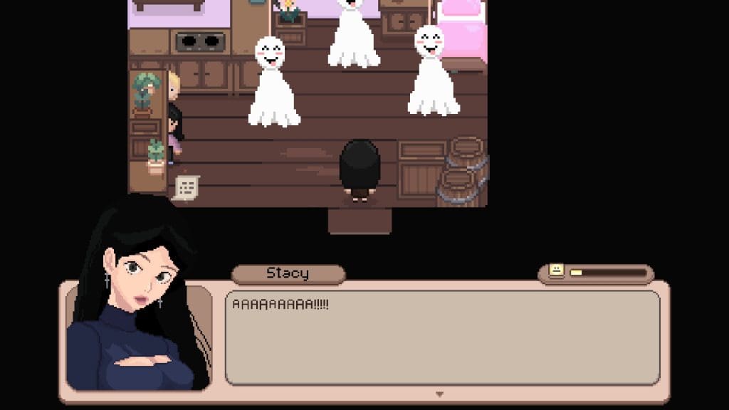 Cute pixel art scene with ghost characters in a cozy kitchen setting.