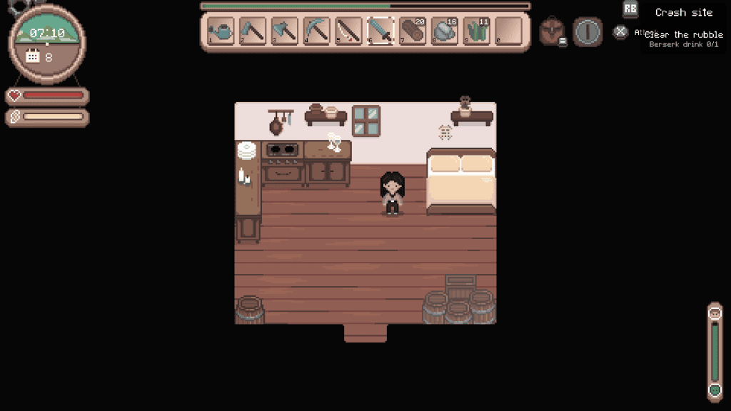 A pixel art image of a cozy game room with a character standing inside, featuring furniture and warm.