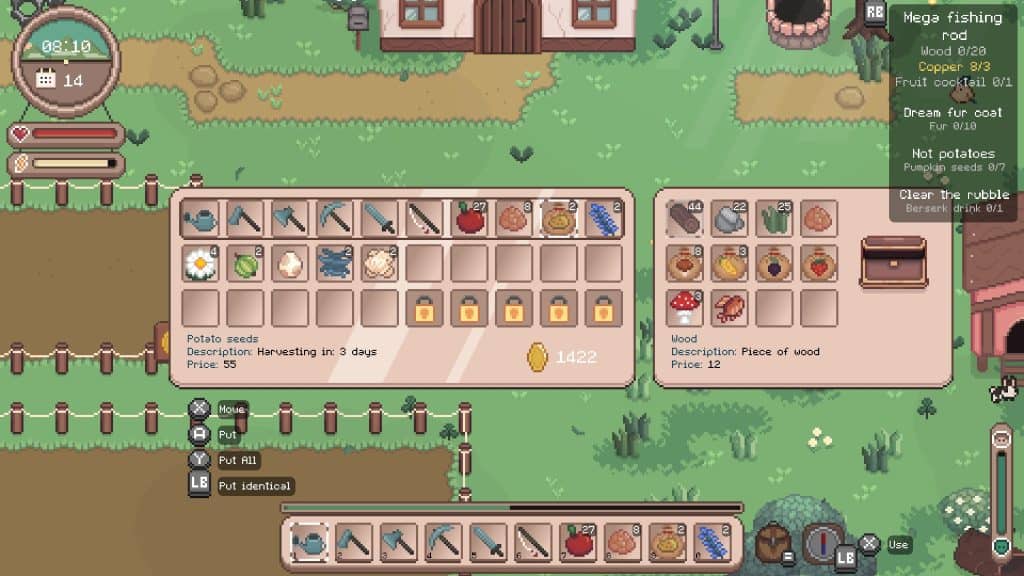 Cozy game scene with farming and crafting elements, colorful pixel art.