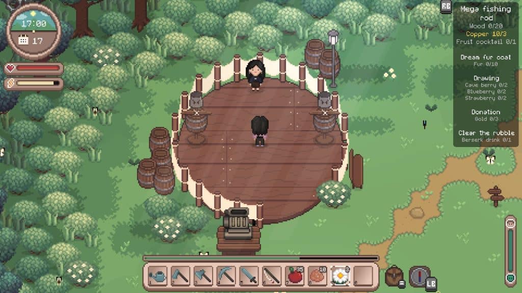 A pixel art scene of a character fishing on a wooden dock surrounded by lush greenery and trees.