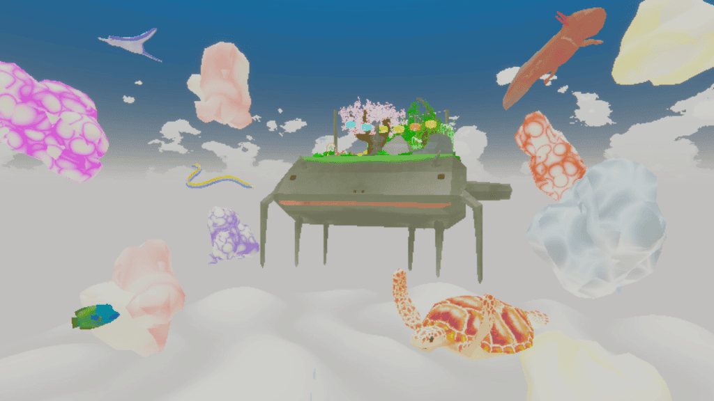 Colorful cozy game scene with floating islands and cute creatures, highlighting new releases on Stea.