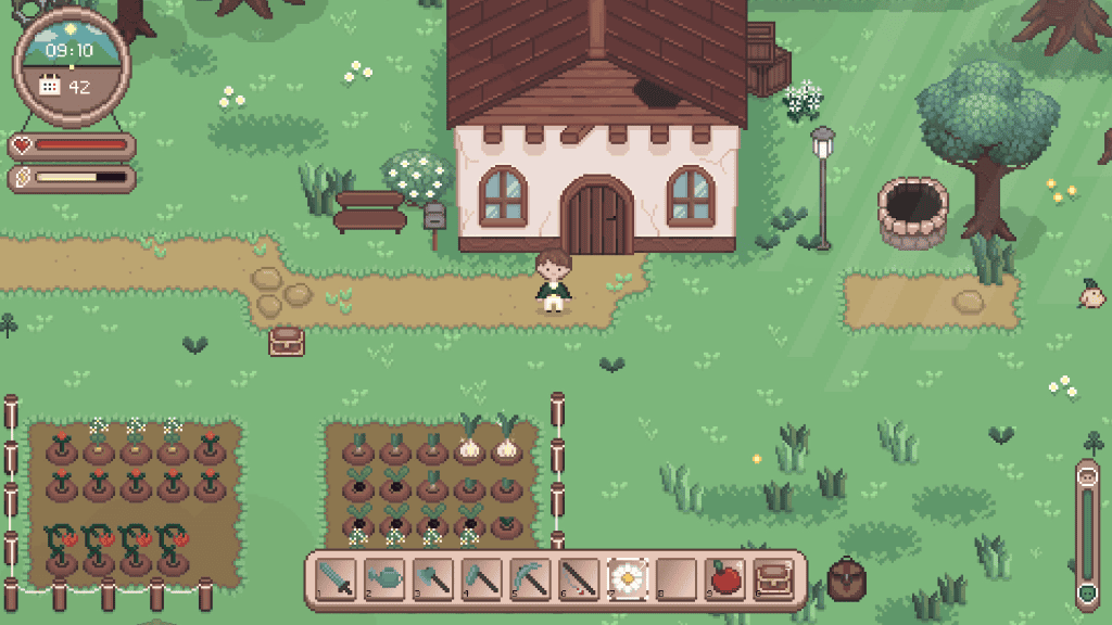 A pixel art cozy farm with a house, garden, and lush greenery, perfect for fans of relaxing farming.