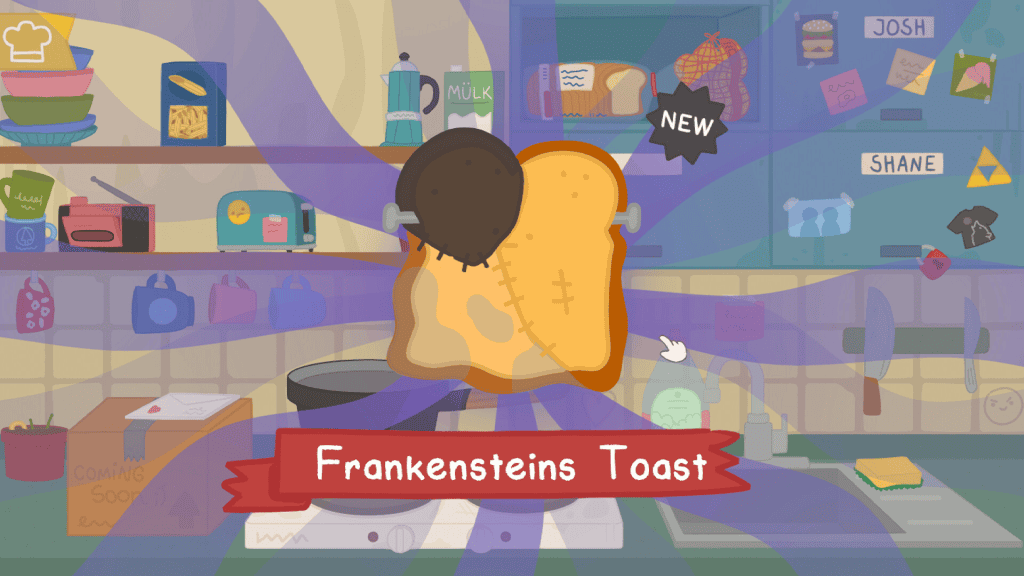 Cute cozy game scene featuring a toast character in a colorful kitchen setting.