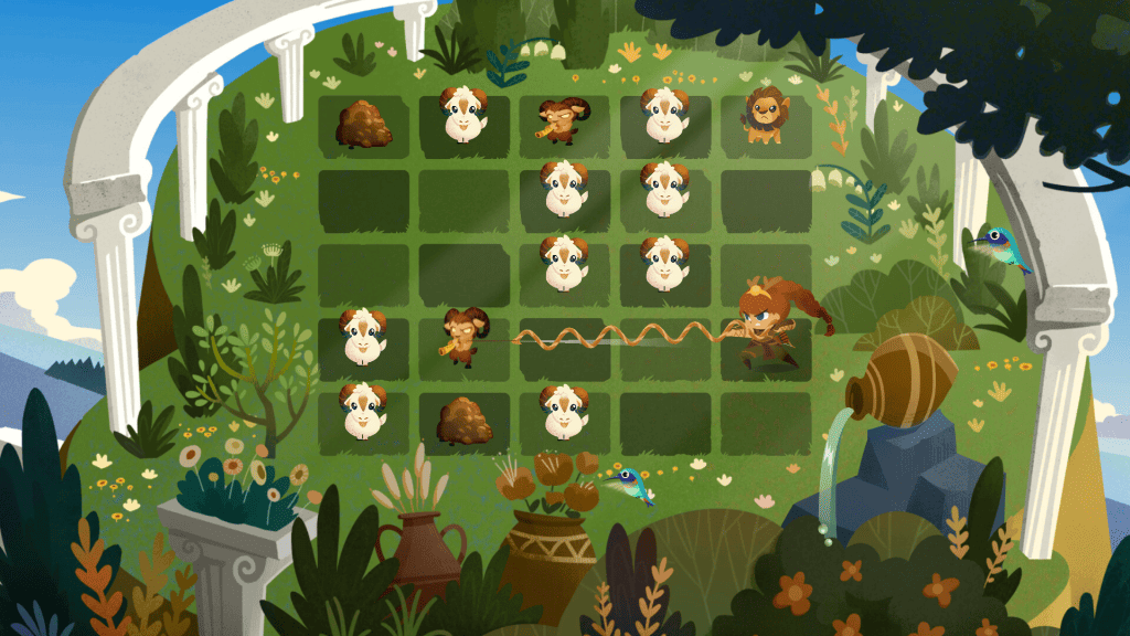 Illustration of a cozy animal-themed puzzle game with cute characters and lush garden setting.