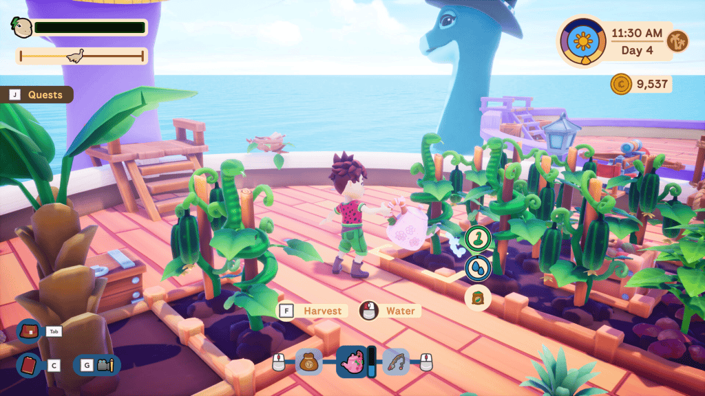 In-game screenshot of a cozy farming game with cactus plants and a large whale statue in the backgro.